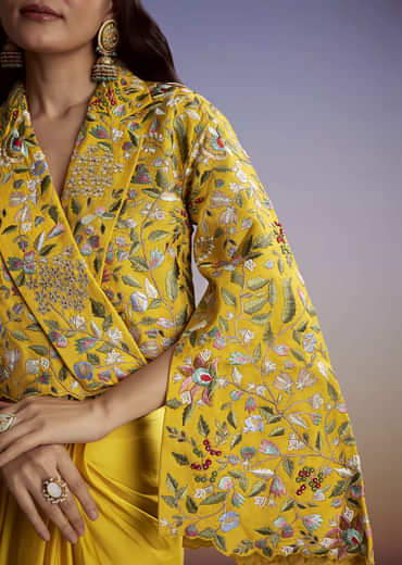 Yellow Silk Crop Top Skirt With Resham Work