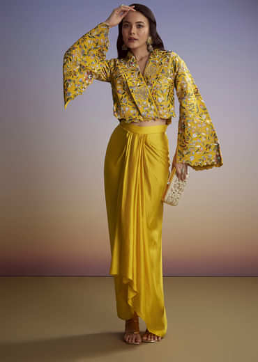 Yellow Silk Crop Top Skirt With Resham Work
