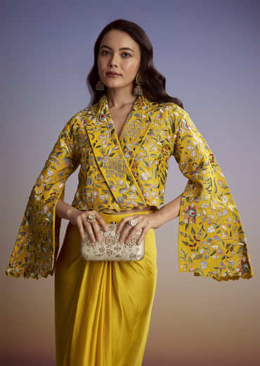 Yellow Silk Crop Top Skirt With Resham Work