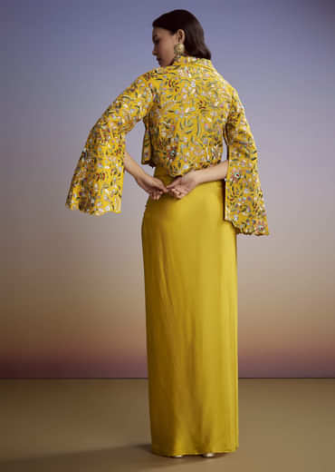 Yellow Silk Crop Top Skirt With Resham Work