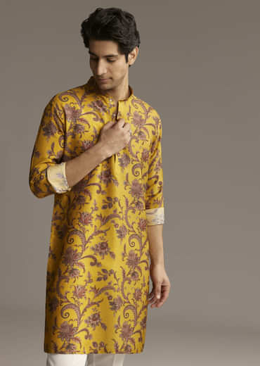Yellow Silk Designer Kurta For Men With Motif Print