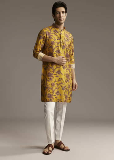 Yellow Silk Designer Kurta For Men With Motif Print