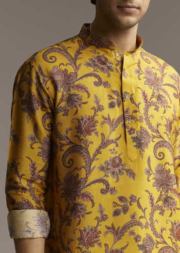 Yellow Silk Designer Kurta For Men With Motif Print