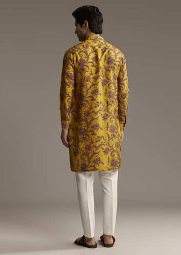 Yellow Silk Designer Kurta For Men With Motif Print