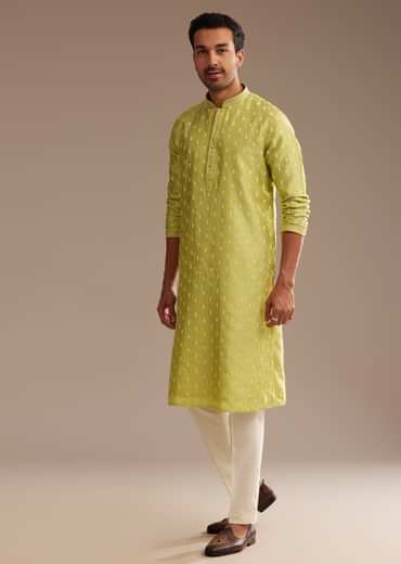 Yellow Silk Kurta Set With Embroidery