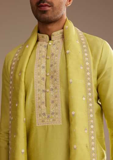 Yellow Silk Embroidered Kurta Set With Dupatta