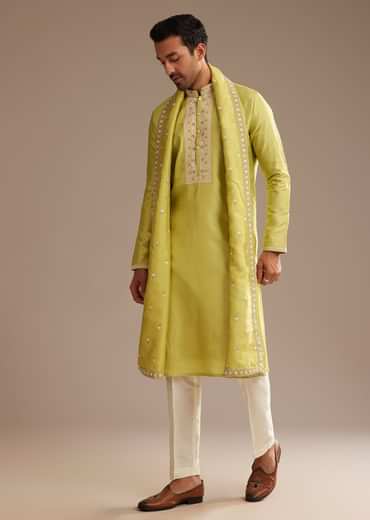 Yellow Silk Embroidered Kurta Set With Dupatta