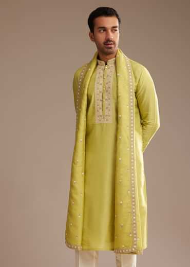Yellow Silk Embroidered Kurta Set With Dupatta