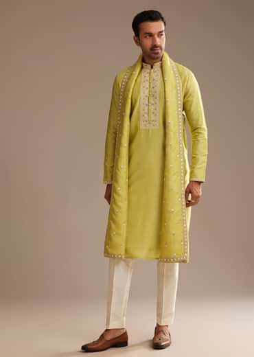 Yellow Silk Embroidered Kurta Set With Dupatta
