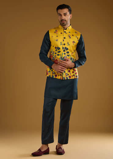Yellow Silk Floral Kurta Jacket Set For Men With Thread Work