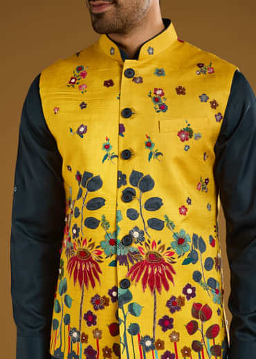 Yellow Silk Floral Kurta Jacket Set For Men With Thread Work