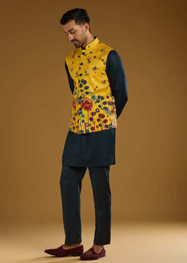 Yellow Silk Floral Kurta Jacket Set For Men With Thread Work
