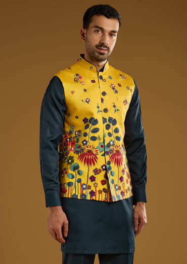 Yellow Silk Floral Kurta Jacket Set For Men With Thread Work