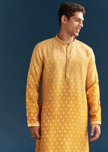 Yellow Silk Foil Kurta Set For Men With Sequins Embroidery