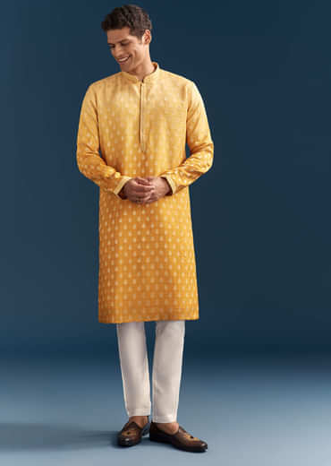 Yellow Silk Foil Kurta Set For Men With Sequins Embroidery