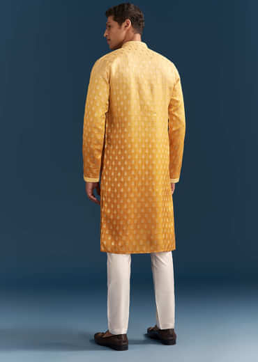 Yellow Silk Foil Kurta Set For Men With Sequins Embroidery
