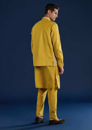 Yellow Silk Jacket Kurta Set with Gota Work
