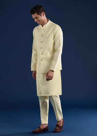 Yellow Silk Jacket Kurta Set with Mirror Embroidery