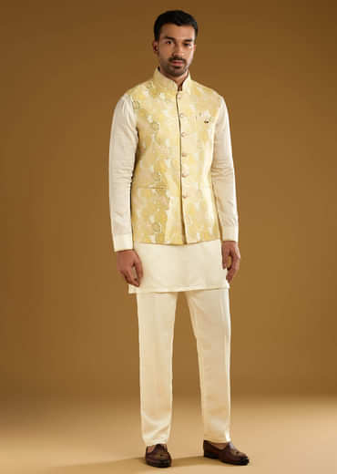 Yellow Silk Jacquard Kurta Jacket Set For Men With Resham Embroidery