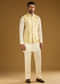 Yellow Silk Jacquard Kurta Jacket Set For Men With Resham Embroidery