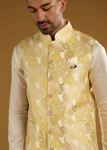 Yellow Silk Jacquard Kurta Jacket Set For Men With Resham Embroidery