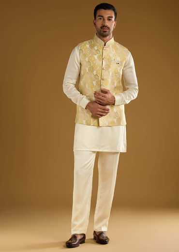 Yellow Silk Jacquard Kurta Jacket Set For Men With Resham Embroidery