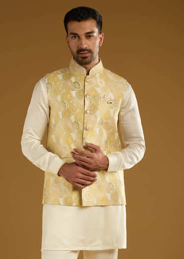 Yellow Silk Jacquard Kurta Jacket Set For Men With Resham Embroidery