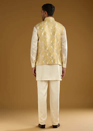 Yellow Silk Jacquard Kurta Jacket Set For Men With Resham Embroidery