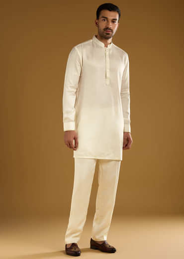 Yellow Silk Jacquard Kurta Jacket Set For Men With Resham Embroidery