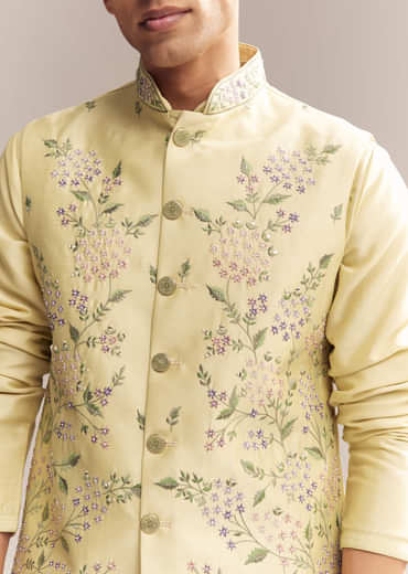 Yellow Silk Kurta Jacket Set For Men With Heavy Embroidery