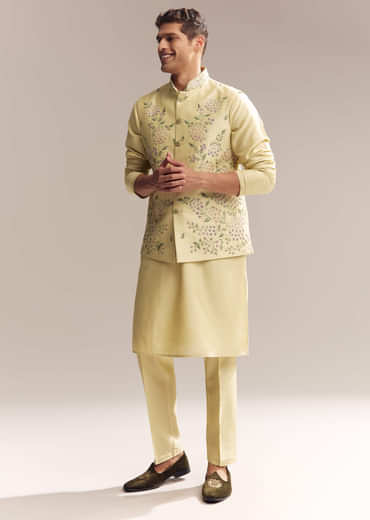 Yellow Silk Kurta Jacket Set For Men With Heavy Embroidery
