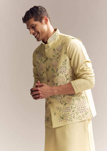 Yellow Silk Kurta Jacket Set For Men With Heavy Embroidery