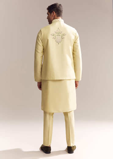 Yellow Silk Kurta Jacket Set For Men With Heavy Embroidery