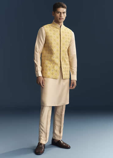 Yellow Silk Kurta Jacket Set For Men With Heavy Hand Embroidery