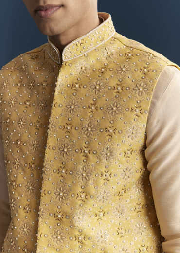 Yellow Silk Kurta Jacket Set For Men With Heavy Hand Embroidery