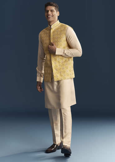 Yellow Silk Kurta Jacket Set For Men With Heavy Hand Embroidery