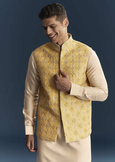 Yellow Silk Kurta Jacket Set For Men With Heavy Hand Embroidery