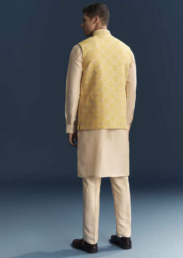 Yellow Silk Kurta Jacket Set For Men With Heavy Hand Embroidery