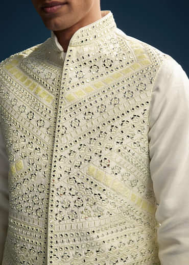 Yellow Silk Kurta Jacket Set For Men With Mirror And Patch Work