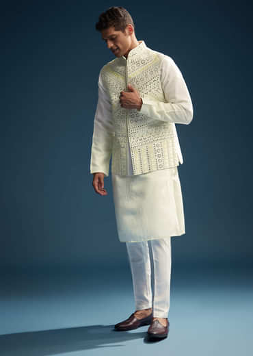 Yellow Silk Kurta Jacket Set For Men With Mirror And Patch Work