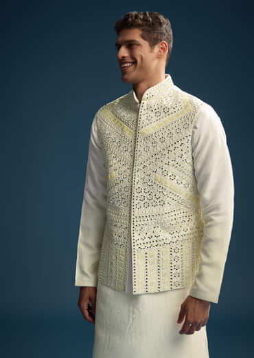 Yellow Silk Kurta Jacket Set For Men With Mirror And Patch Work