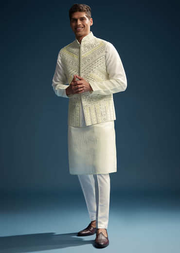 Yellow Silk Kurta Jacket Set For Men With Mirror And Patch Work