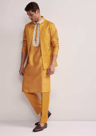 Yellow Silk Kurta Jacket Set For Men With Zardosi Hand Embroidery