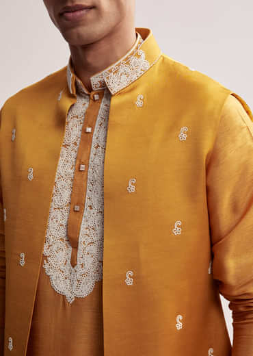 Yellow Silk Kurta Jacket Set For Men With Zardosi Hand Embroidery