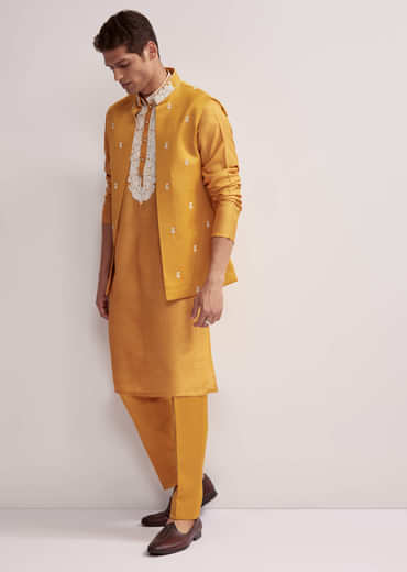 Yellow Silk Kurta Jacket Set For Men With Zardosi Hand Embroidery