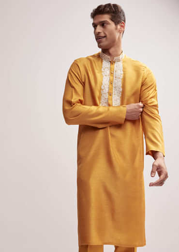 Yellow Silk Kurta Jacket Set For Men With Zardosi Hand Embroidery
