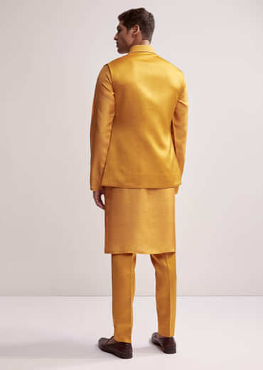 Yellow Silk Kurta Jacket Set For Men With Zardosi Hand Embroidery