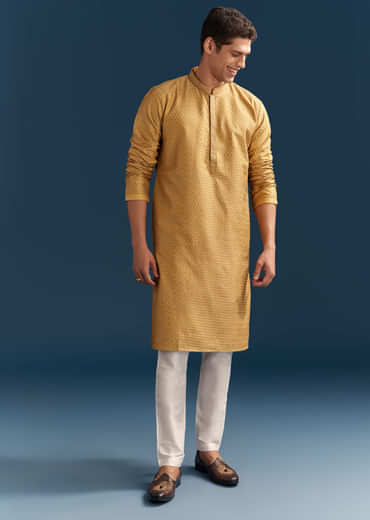Yellow Silk Kurta Set For Men