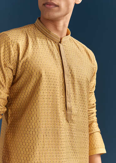 Yellow Silk Kurta Set For Men