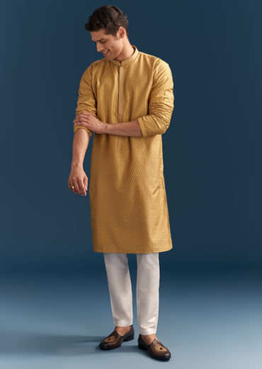 Yellow Silk Kurta Set For Men
